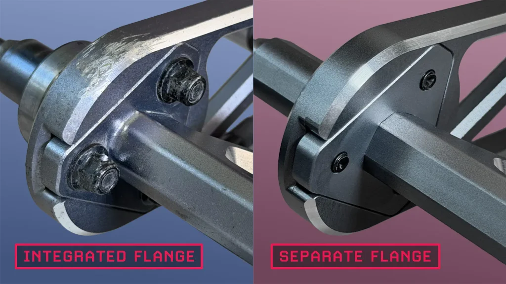 Left: Integrated-flange design (flanges machined as part of the hanger). Right: Separate-flange design (flanges attached to the hanger as separate pieces).
